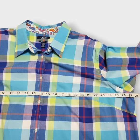 Chaps Womens 3X Blue Green Plaid No Iron Button Up Shirt 3/4 Sleeve Paisley Trim - Picture 7 of 10